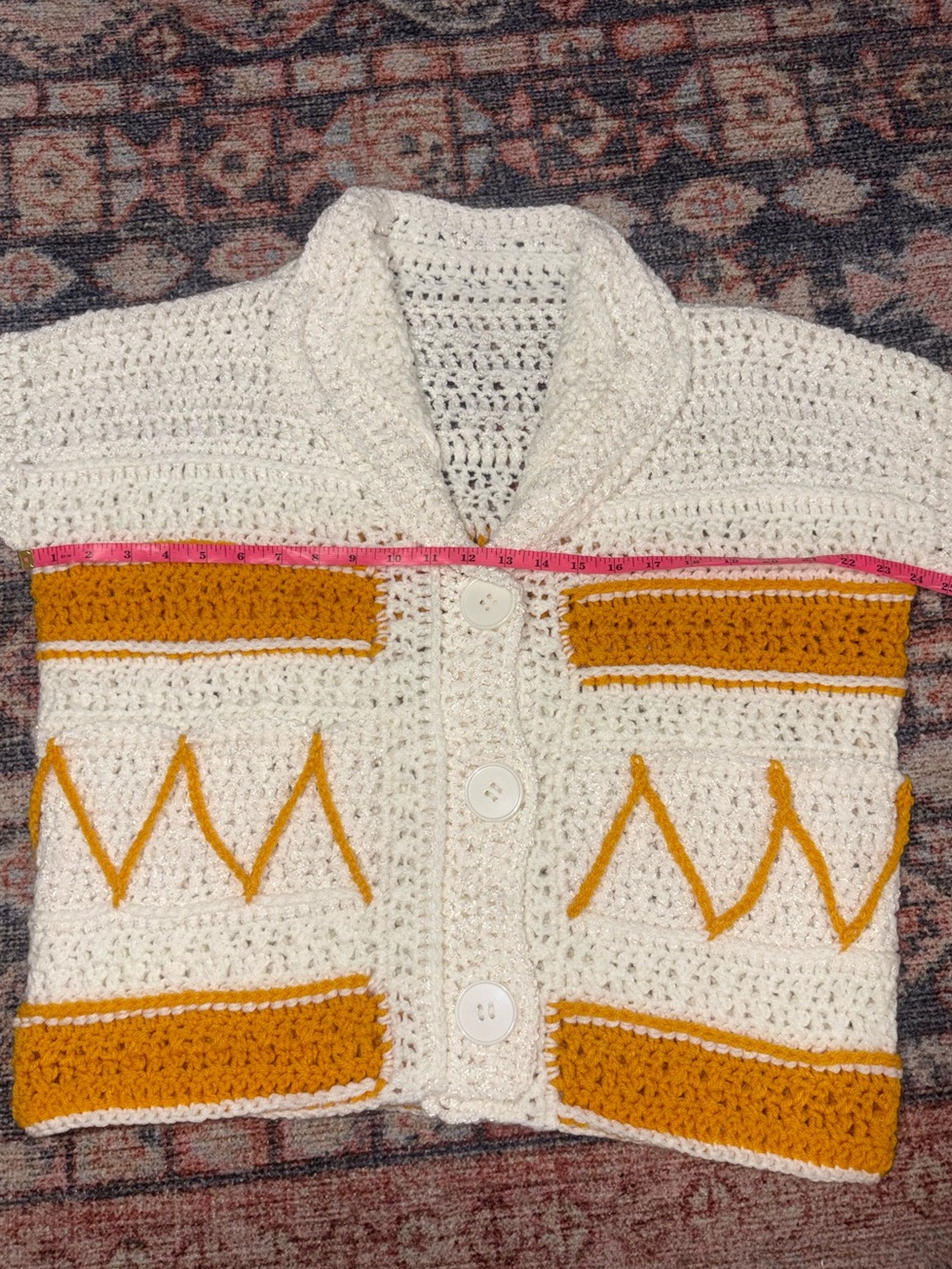 Handmade Knit Crochet Cardigan Sweater Mustard Yellow & Cream Boho - Picture 12 of 16